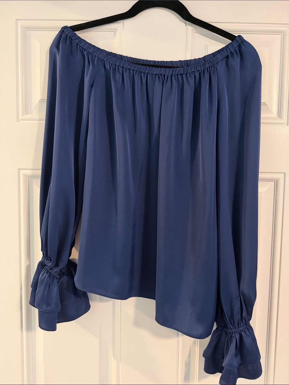 Ramy Brook Off-Shoulder Navy Blouse with cinched Cuffs - Picture 3 of 3